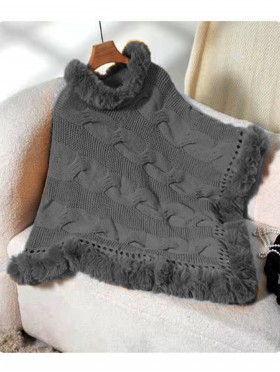 Solid Color Knitted Poncho W/ Fur Collar & Trim